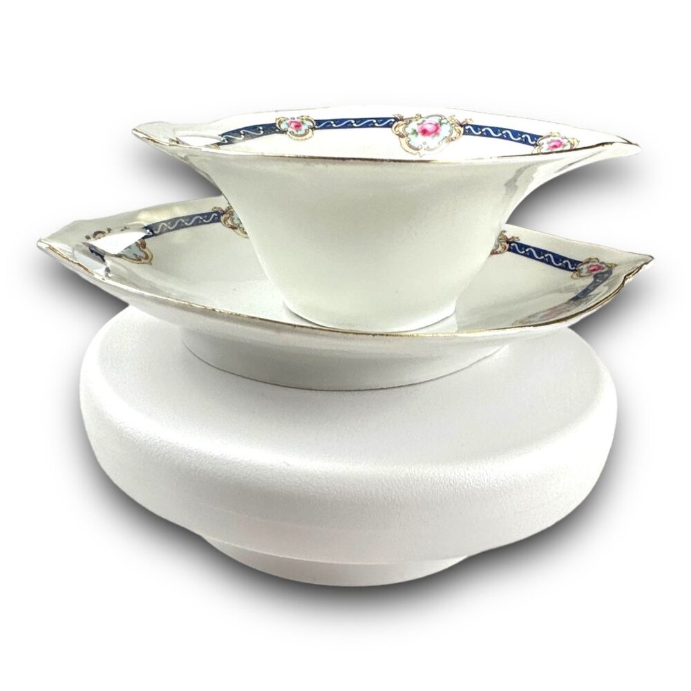 Antique German Porcelain Gravy Boat & Underplate Hand-Painted Floral Design Gold